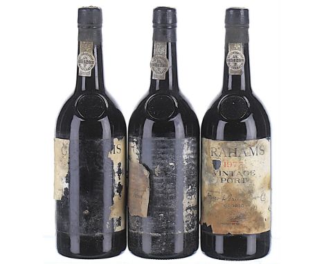 1975 Graham's Vintage Port 3x75cl  Labels severely soiled, torn and damp-affected, 1 capsule slightly corroded, cork not expo