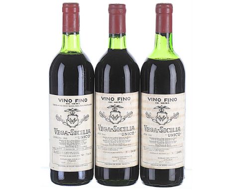 1966 Vega Sicilia, Unico, Ribera del Duero DO 3x75cl Levels 1 BN, 1 TS, 1 MS, labels soiled, 1 scuffed, 2 capsules slightly d