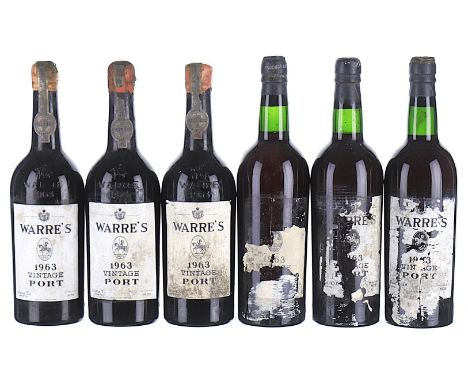 1963 Warre's, Vintage Port 6x75cl   Labels soiled and damaged, 1 label peeling off, 1 wax capsule cracked with cork slightly 