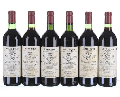 1965 Vega Sicilia, Unico, Ribera del Duero DO 6x75clLevels 3 IN, 2 BN, 1 VTS, labels soiled, 4 torn, 2 different types of bot