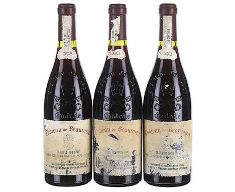 1993 Chateau de Beaucastel Rouge, Chateauneuf-du-Pape 3x75cl  Labels damaged and soiled. This lot forms part of a private col