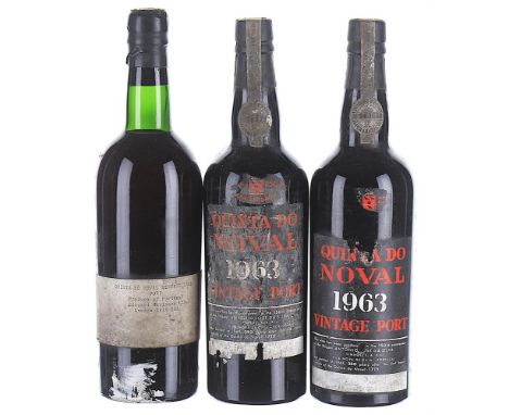 1963 Quinta do Noval, Vintage Port 3x75cl  Labels soiled, 2 slightly torn, 1 bottled by Edouard Robinson Ltd, London. This lo