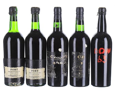 1963 Croft, Vintage Port 2 IN, 1 BN, 1 H/MS, labels soiled, 2 labels scuffed and torn, 1 wax capsule cracked with cork slight