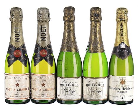1966 Charles Heidsieck, Extra Dry  1x 37.5cl 1969 Bollinger, Brut 2x37.5cl 1971 Moet & Chandon, Dry Imperial 2x37.5cl  Total 