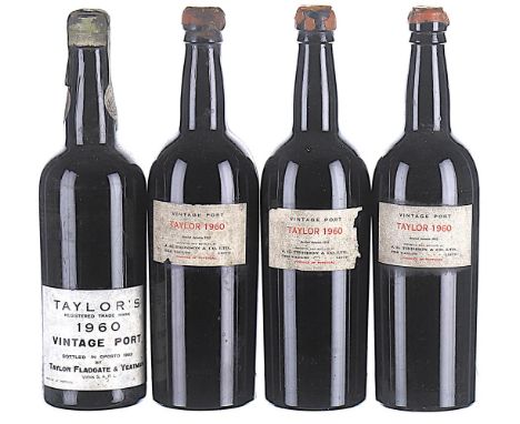 1960 Taylor's, Vintage Port 4x75cl  Labels soiled, scuffed and torn, 3 wax capsules cracked with corks slightly exposed. 3 bo