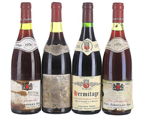1970 Paul Jaboulet Aine, Cote Rotie, Les Jumelles Label torn and severely soiled. 1x75cl 1976 Paul Jaboulet Aine, Cote Rotie,