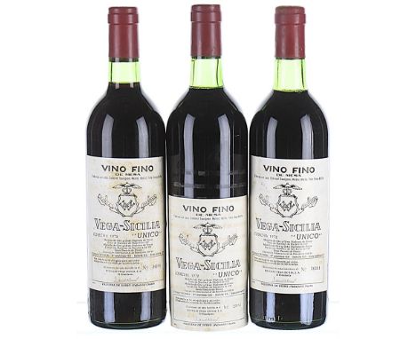 1972 Vega Sicilia, Unico, Ribera del Duero DO 3x75cl1 IN, 1 BN, 1 VTS, labels soiled, 1 showing slight seepage.These wines we