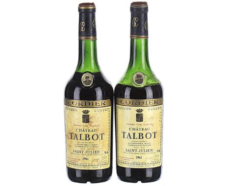 1961 Chateau Talbot 4eme Cru Classe, Saint-Julien  2x75cl  Levels 1 TS, 1 MS, labels soiled.This lot forms part of a private 