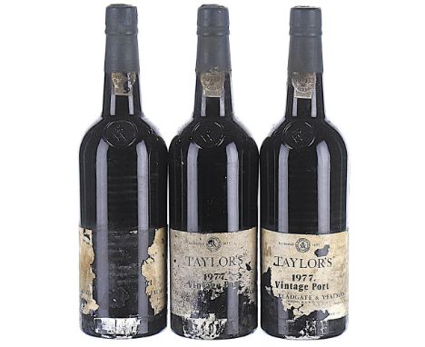 1977 Taylor's, Vintage Port 3x75cl  Labels torn, soiled and damaged, 1 wax capsule corroded, cork not exposed. This lot forms