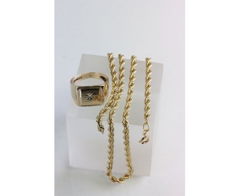 A 9 carat gold diamond set signet ring, with a star set single cut diamond, finger size U; with a 9 carat gold chain of hollo