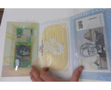 Uncirculated Australian Melba Monash two banknote set comprising 100 Dollars first polymer print run 1996 and last paper 100 