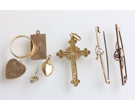 A wedding ring, stamped '18ct'; with a continental cross pendant, with control marks; two bar brooches; two pendants; a singl