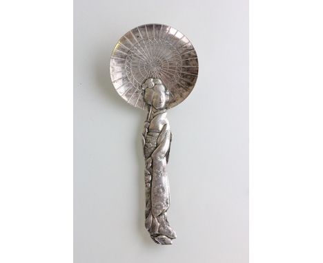 A Geshia girl caddy spoon, stamped 'Sterling' and '950', the parasol forming the bowl, 13.5cm long with original wooden box