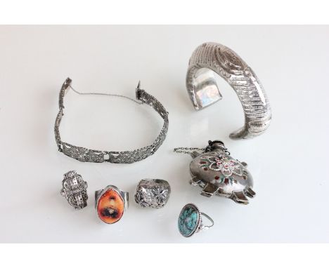 A Swedish marcasite set bracelet, 830 standard; an ethnic style bangle, stamped '925'; four rings; and a scent flask         