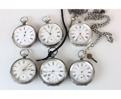 Six vintage hallmarked silver pocket watches, two with chains to include silver