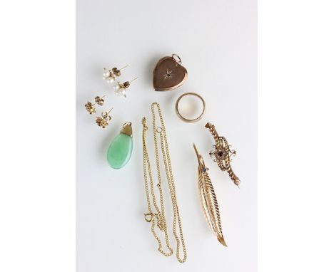 A 9 carat gold wedding ring, a leaf brooch set with a small sapphire, control mark to the pin, a 9 carat gold brooch, two pai