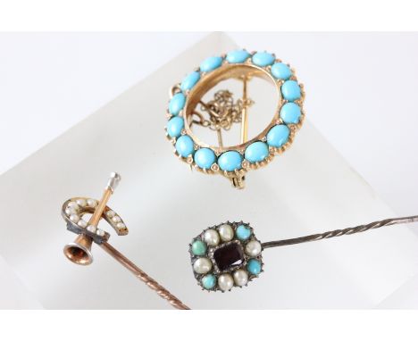 Three turquoise & seed pearl items to include 2 stick pins & a brooch