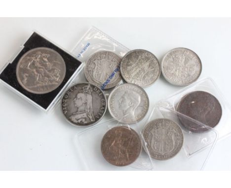 Collection of vintage UK coins to include a Victorian Double Florin 1887