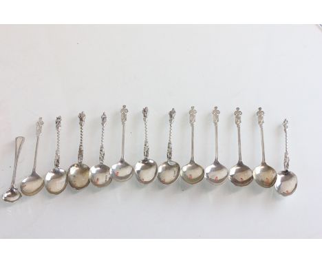 A set of six silver tea spoons, with figural finials; another similar set, with import marks; 96g (3 troy ozs) gross; and a p