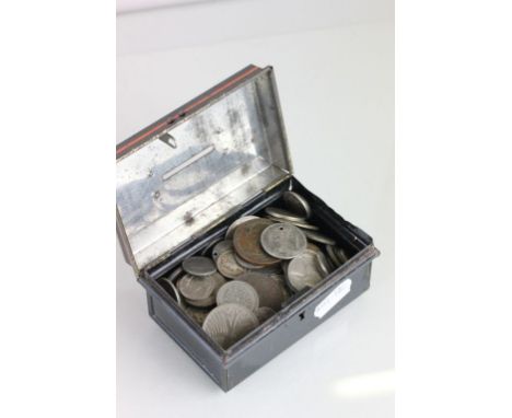 Tin of mixed vintage World & UK coins including silver, American, Chinese etc