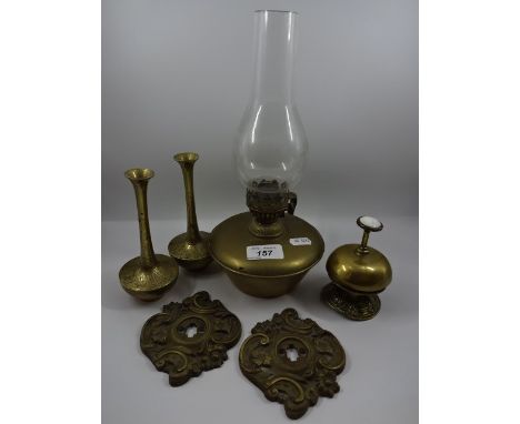 6 pieces of brass to include lantern, pair of bud vases, counter bell and 2 light switch surrounds