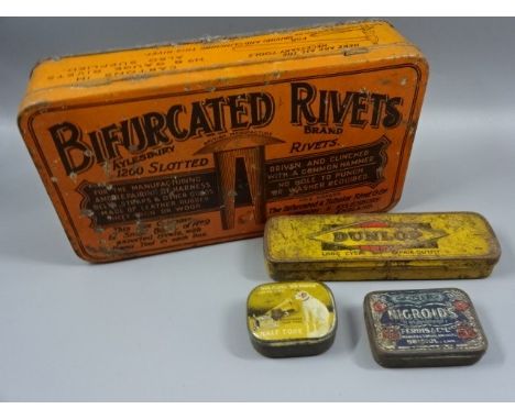 Quantity of vintage tins, mostly industrial related to include Dunlop repair kit, Fluxite, Incense, HMV gramophone needles, r