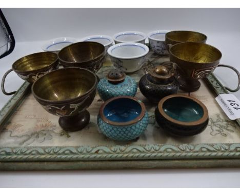 Quantity of decorative brass and ceramic mini bowls / salts with stitch work tray 