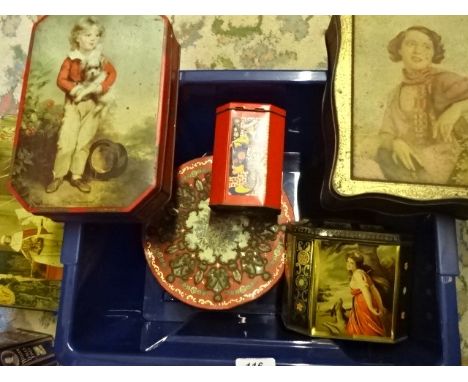 Quantity of vintage tins, manly tea and biscuit related to include Tetley, Typhoo and 3 Huntley and Palmers
