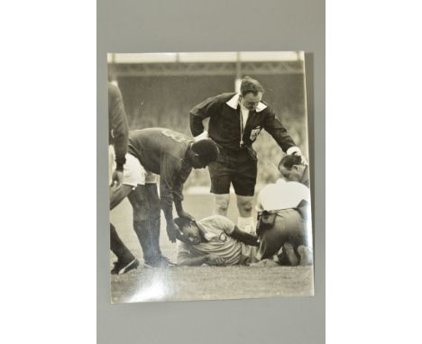 BRAZIL VS PORTUGAL 1966 WORLD CUP MATCH AT GOODISON PARK, on 20th July 1966, Pele is lying injured on the ground with the tra