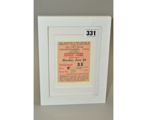 FRAMED TICKET FOR THE WIMBLEDON AELT &amp; CC THE LAWN-TENNIS CHAMPIONSHIPS 1936, covered stand centre court for Monday 29th 