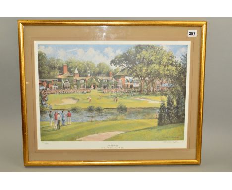 FRAMED WATER COLOUR PAINTING, of play taking place on the 18th green on the Brabazon Course at the Belfry during the Ryder Cu