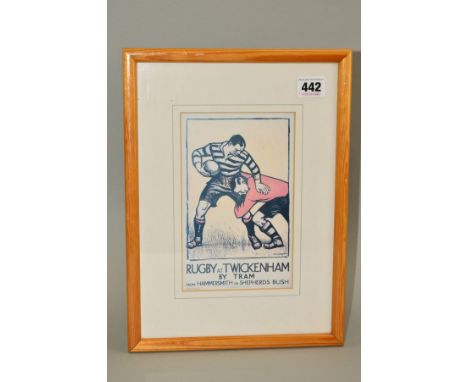 FRAMED AND GLAZED RUGBY AT TWICKENHAM BY TRAM COLOUR POSTER, sketch of two players in a tackle, artist Lorna Knight