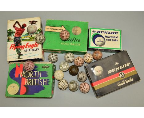 EMPTY BOXES, Flying Eagle, Dunlop 65, North British, Dunlop Warwick and Spitfire, sixteen loose balls seven with a black/red 