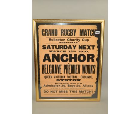 FRAMED GRAND RUGBY MATCH ROLLESTON CHARITY CUP POSTER, for the semi- final of the Rolleston Charity Cup dated 12th March 1910