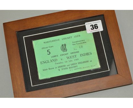 FRAMED AND GLAZED MCC - ENGLAND VS WEST INDIES TEST MATCH AT LORDS, official Guest ticket for the 1st July 1969