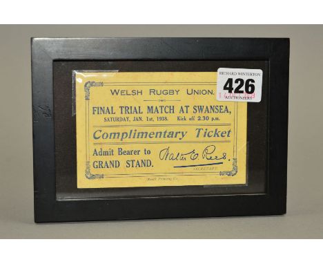 FRAMED WELSH RUGBY UNION FINAL TRIAL MATCH COMPLIMENTARY TICKET, to admit bearer to Grand Stand for the game at Swansea on 1s