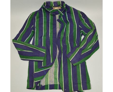 A GREEN AND BLUE JACKET, lighter blue vertical striping, makers name has been blocked out but the owner's name tag (E.W. Walf