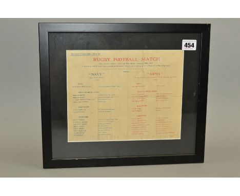 FRAMED NAVY VS ARMY PROGRAMME FOR THE MATCH PLAYED ON 19TH JANUARY 1916, on the Recreation Ground Blandford, middle pages dis