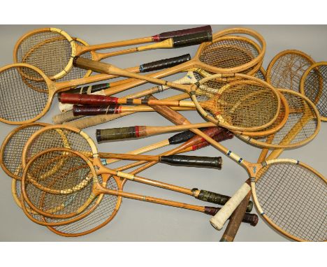 BADMINTON RACKETS, to include 3 x Slazenger wooden Victory racket with nylon strings, 1 x The Fury racket with nylon strings,