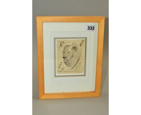 FRAMED BLACK AND WHITE SKETCH OF TENNIS RACQUET, with a Lion's Head, dated 1933-34, four signatures of Perry, Lee, Wilde and 