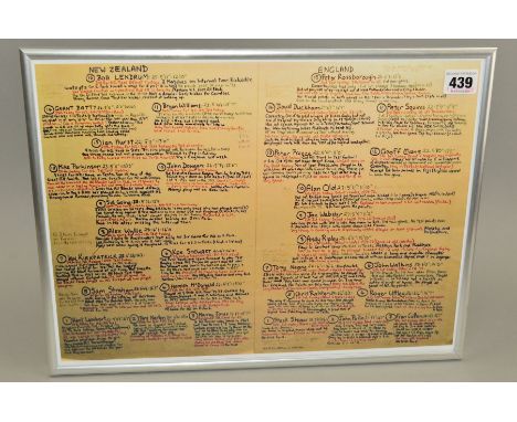 FRAMED NEW ZEALAND AND ENGLAND PLAYERS NAMES AND CAREER DETAILS, not dated, written in black and red ink (print)