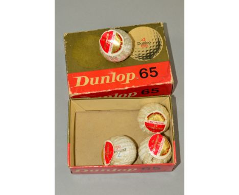 A BOX OF DUNLOP 65 BALLS, 4 x personalised (1 x No.1, 1 x No.5, 2 x No.7)