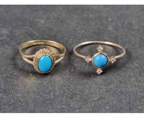 A yellow metal ring, set central cabochon turquoise and four small diamonds, stamped 14k, size P 1/2; together with a yellow 