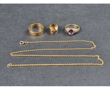 A 9ct gold wedding band; together with a 9ct gold ring, set central faceted amethyst, size M; and a citrine pendant, in yello