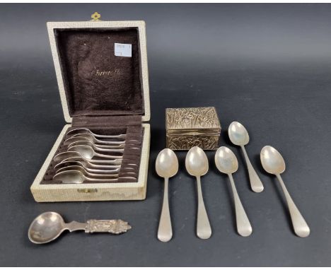 A group of silver and plated items; to include five silver Old English pattern teaspoons; and a silver 'Shakespeare' caddy sp