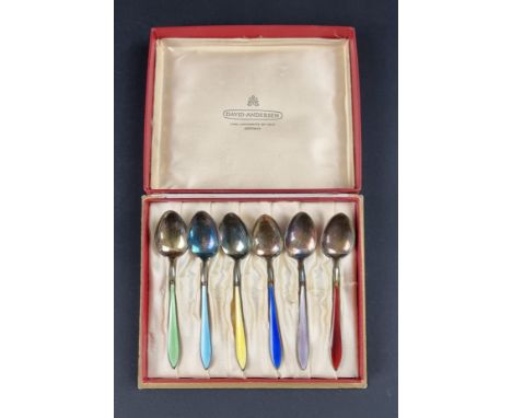 A cased set of six Norwegian guilloche enamel coffee spoons, by David Andersen, stamped 'Sterling 925', (s.d.). 