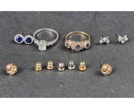 A 9ct white gold ring, set pale blue stone with four collet set diamonds to shoulders, size Q 1/2, gross weight 2.3g; togethe