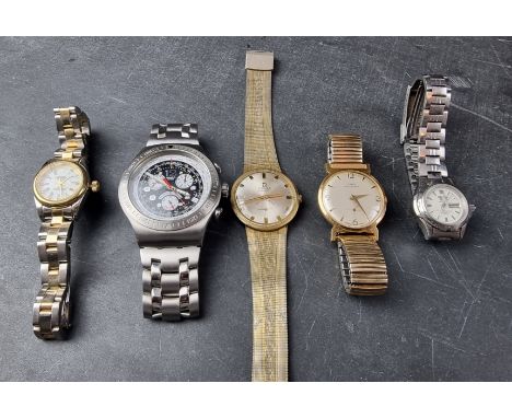 A vintage Oris automatic wristwatch; together with a Swatch 'Irony' chronograph wristwatch, a Seiko 5 ladies wristwatch, and 