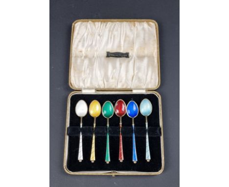 A cased set of six Danish gilt and guilloche enamel coffee spoons, by&nbsp;Egon Lauridsen, Copenhagen, stamped 'Sterling 925'