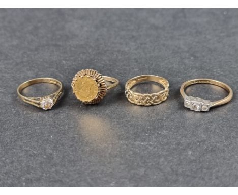 A 9ct gold diamond three stone ring,&nbsp;size P; together with another 9ct gold ring, set Maximiliano 1865 fantasy coin; a 9